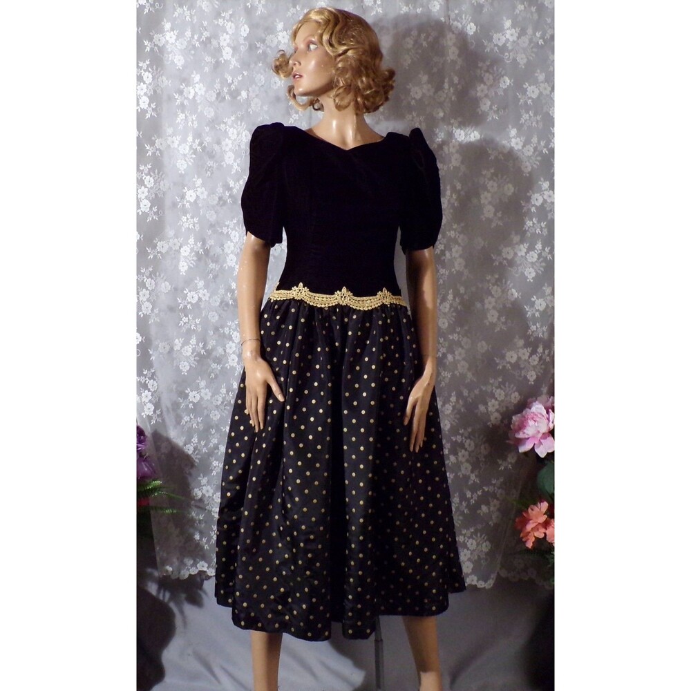 Vintage 80s Velvet Party Dress Size Small Black Gold Polka Dot Puff Sleeve Glam